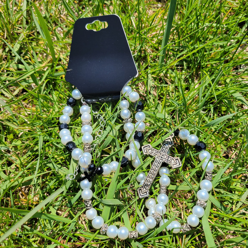 Handcrafted Silver Toned Glass Pearl Rosary Set