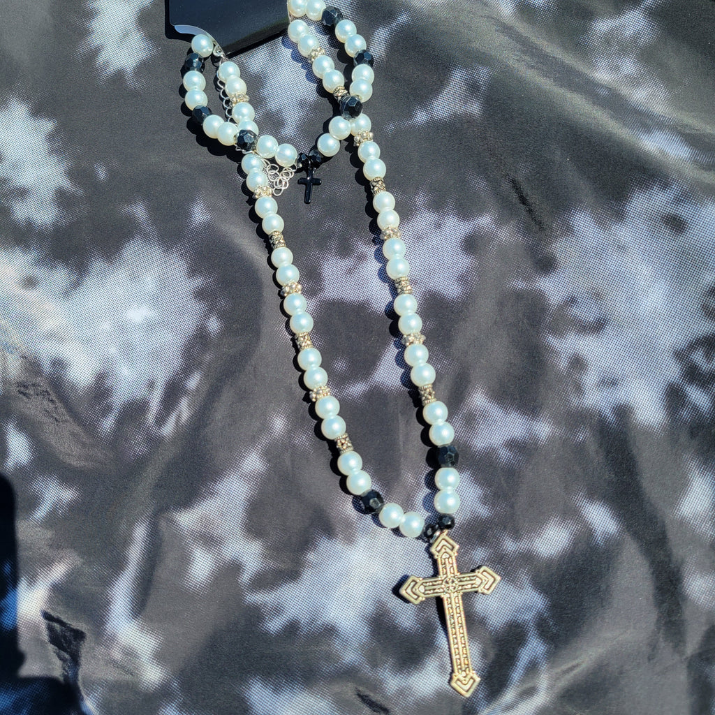 Handcrafted Silver Toned Glass Pearl Rosary Set